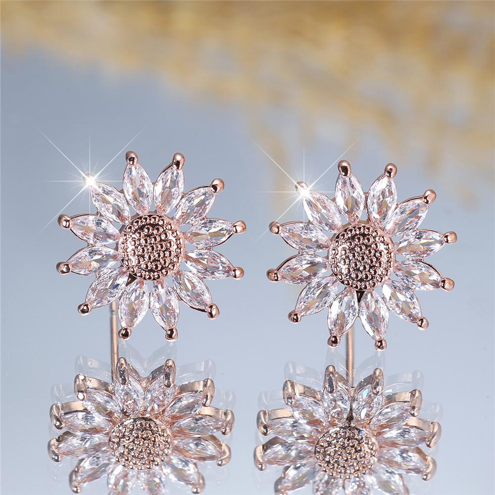 Female Cute Crystal White Zircon Stone Sunflower Stud Earrings Vintage Rose Gold Color Wedding  Jewelry For Women
