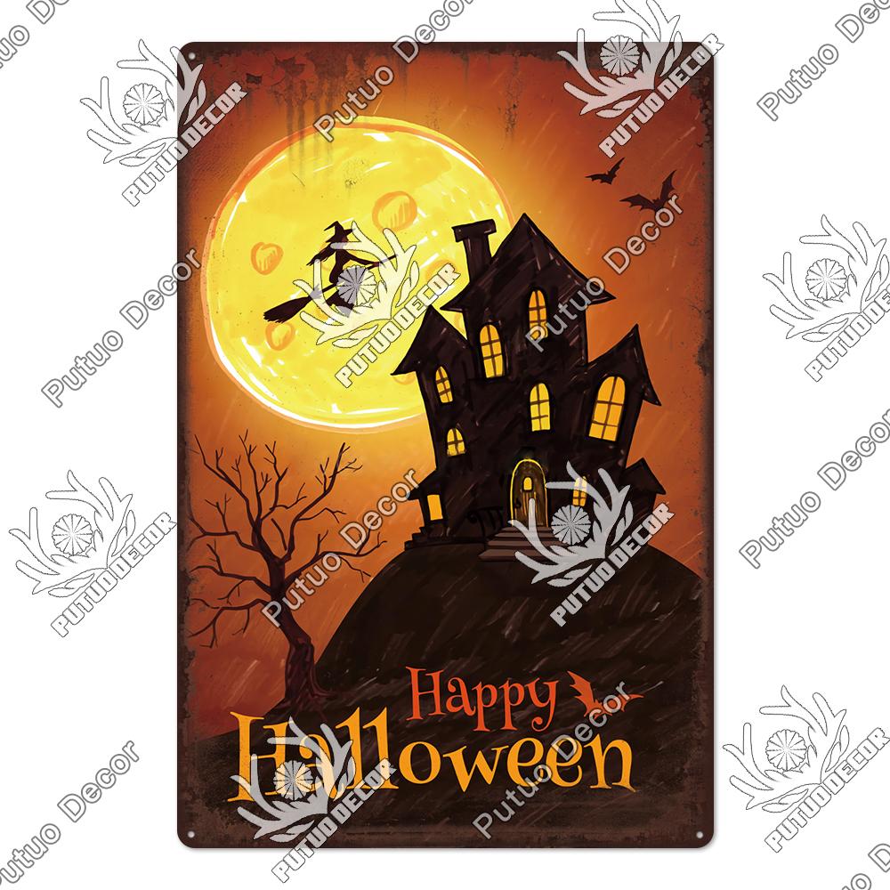 Putuo Decor Halloween Vintage Tin Signs Plaque Metal Plate Retro Poster Wall Art Decoration for Home Bar Living Room Door Yard