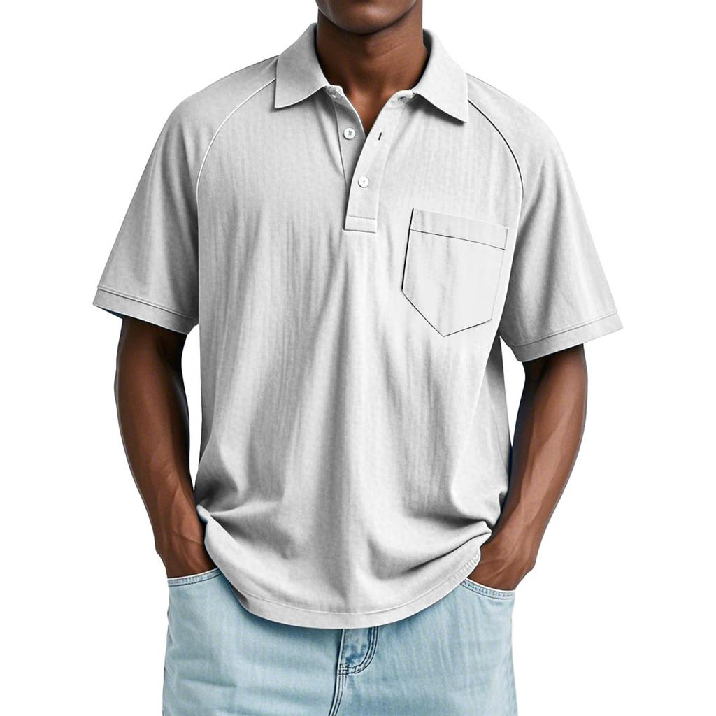 Men's Summer Solid Color Button Pocket Lapel Loose Raglan Short Sleeve Top