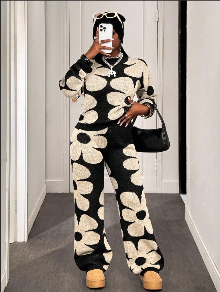Women s Fall/Winter Floral Knit Jacquard Sweater Set: Long Sleeve Top & Pants XL