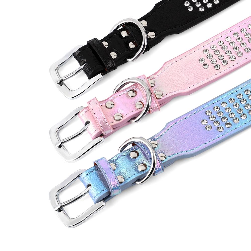 Bling Leather Dog Collar Crystal Big Dog Collars Bulk Rhinestone Pet Collar Accessories for Medium Large Dogs Bulldog Pink Black