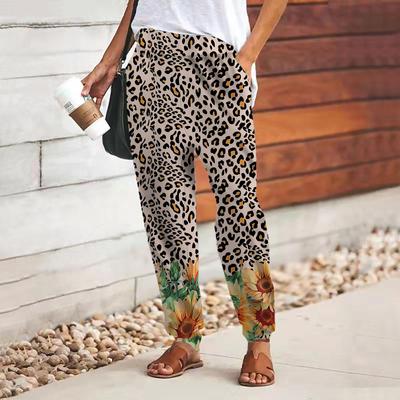 Calças femininas com estampa de girassol marrom 3D, com cadarço, cintura elástica, calças soltas, calças compridas casuais com bolsos