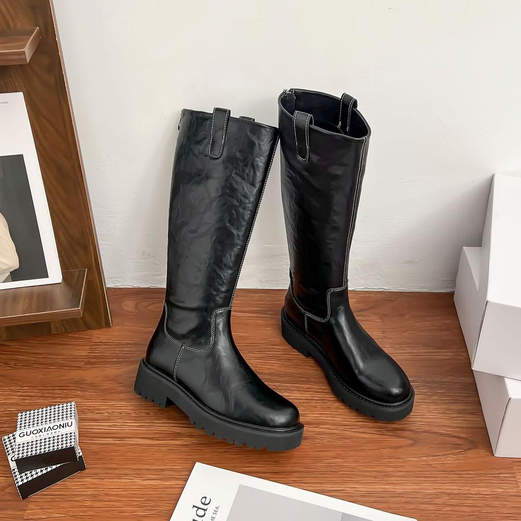 Grape Mother Winter New Long Knight Boots Women Wear High-end Thick-soled Boots Women's Pleated Women's Leather Boots