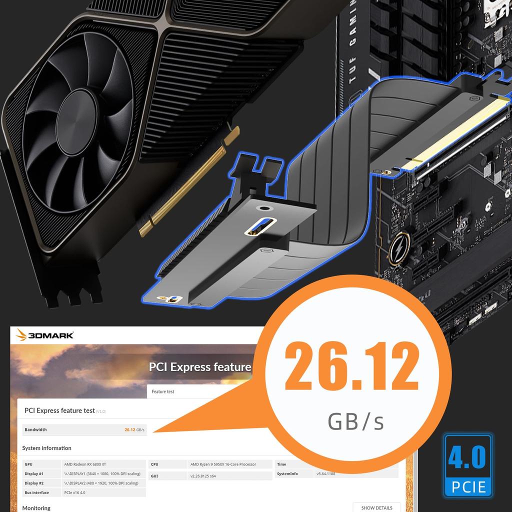 Cabo Riser GLOTRENDS PCIe X16 PCIe Compatível com a Série GeForce RTX e a Série AMD Radeon 4.0 (para GPUs 4.0/3.0) 40/30 RX7000/RX6000