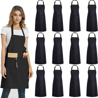 12 Pack Plain Bib Aprons with 2 Pockets - Black Unisex Commercial Apron Bulk for Kitchen Cooking Restaurant BBQ Painting