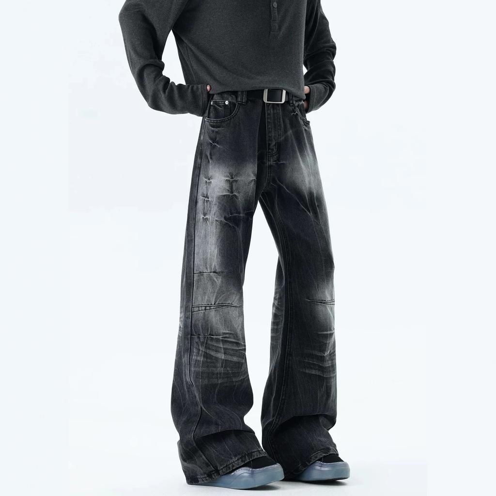American ins versatile lightning pattern black micro-pull jeans men's autumn new thin trousers casual pants tide