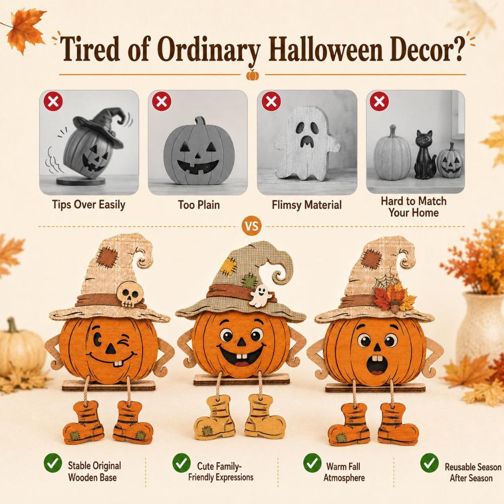 1Set Halloween Pumpkin Wooden Stand 3 Styles Cute Pumpkin Face Ornament Witch Hat Dangling Legs Tabletop Decor Fall Home Decor