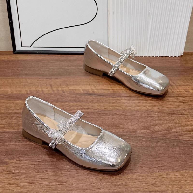 Versatile Silver Mary Jane Shoes Women's Summer New Rhinestone Light Mouth Single Shoes Flat-soled Small Leather Shoes