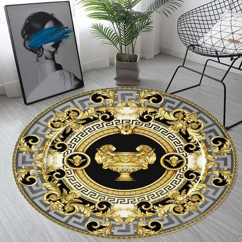 Nordic Retro Gold Printed Round Sponge Carpet Living Room Bedroom Mat Home Bathroom Non-slip Floor Mats Decoration