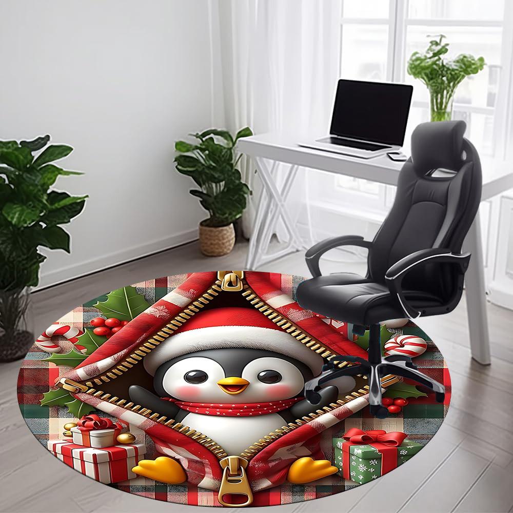 1PC Penguin Christmas Office Round Area Rug, Mat Suitable For Office, Under Office Chairs Bedroom Living Room Home Decor, Room Deco