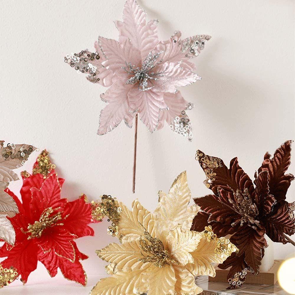 25cm Christmas Poinsettia Glitter Flower Sequins Large Artificial Christmas Flower Realistic Flocking Simulated Flower Head