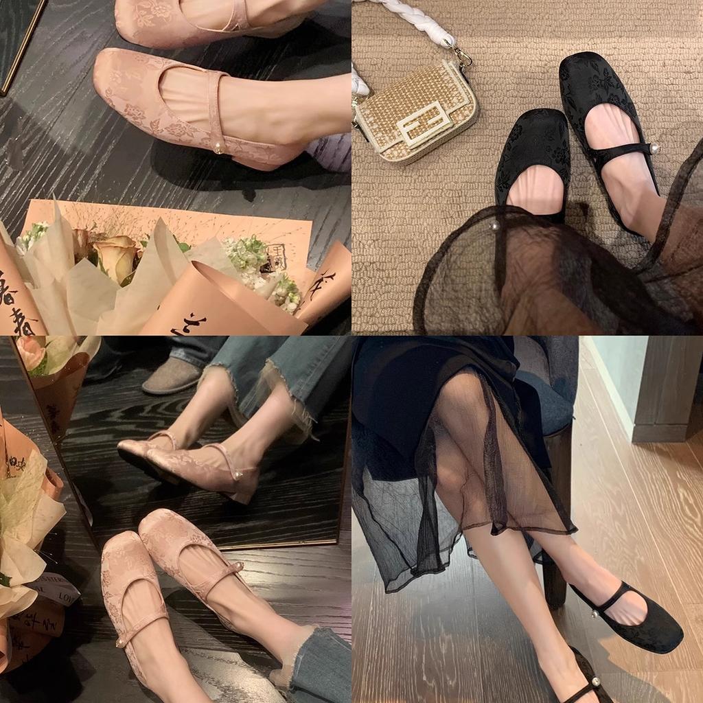 Sheepskin Version of Grape Mother, the Same Tuberose National Style New Chinese Pearl with Square Head Jacquard Mary Jane Single Shoes