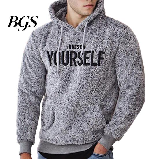 Plus Size Winter Hoodie Letter Pattern Hooded Hat Long Sleeves Pullover Soft Drawstring Plush Embroidery Men Autumn for Daily Wear