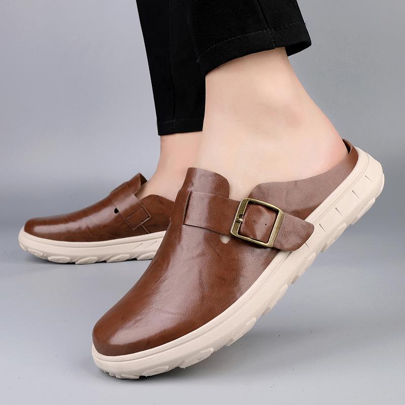 Fashion High Quality Men Casual Shoes Fashion Men Half Loafers Genuine Leather Slippers Breathable Muller Man Outdoor Lightweight Flats