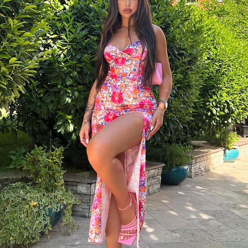 Women Spring Sleeveless Floral Print V-neck Suspender Dress Summer Casual Slim Ankle-Length Backless High Waist Slit Dresses