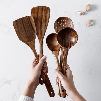 Teak Natural Wood Tableware Nonstick Special Spatula Cooking Long Handle Ladle Wooden Slotted Soup Ladle Spoon Kitchen Tool