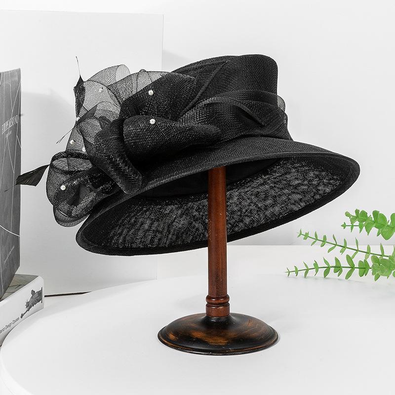 

Elegant Court Linen Sinamay Wedding Hat For Women Ladies Church Hat Elegant Flower Wide Brim Fedoras Kentucky Derby Party Hat 55-57CM чорний