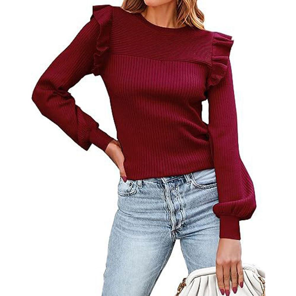 

Женский свитер осень/зима с круглым вырезом, длинными рукавами и оборками по низу M бордовый