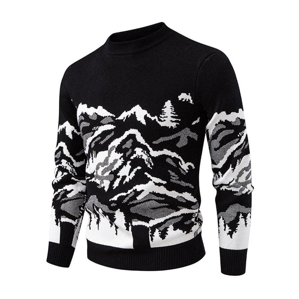Men's Fashion Printed Sweater Knitted Cardigan Slim Fit Pullover Long Sleeve Sweater