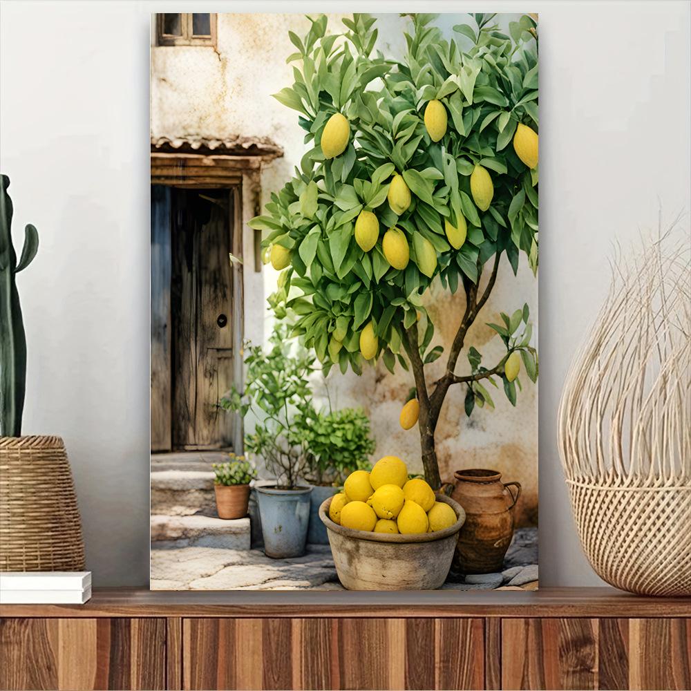 Modern Coastal Landscape Wall Art: Lemon Med Scenery Window Frame Design for Living Room & Bedroom
