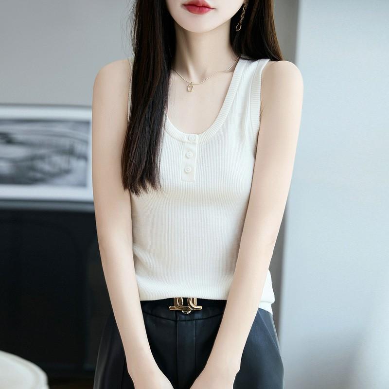 100s Fine Worsted Wool Womens U-Neck Knit Camisole Solid Slim Fit Basic Layering Top Fall