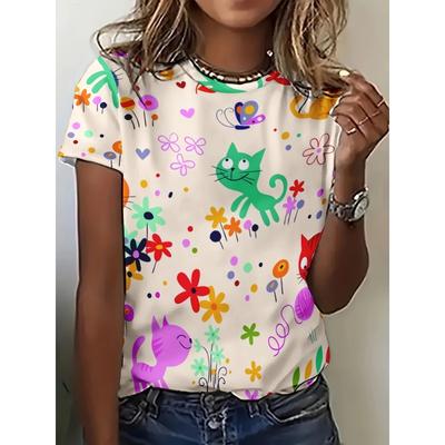 2025 Sommer Mode 3D Gedrucktes Cartoon Muster Top Lässig Locker Rundhals T-Shirt Street Simple Harajuku Damen T-Shirt