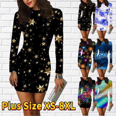 Vestido ajustado de manga larga con estampado de estrellas brillantes en 3D, minivestidos de mujer para fiesta elástica ajustada de otoño