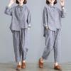 Spring Summer Ladies Suits Women Turn-down Collar Long Sleeve Button Patchwork Shirt Elastic Waist Striped Pockets Haren Pants