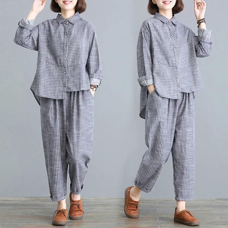 Spring Summer Ladies Suits Women Turn-down Collar Long Sleeve Button Patchwork Shirt Elastic Waist Striped Pockets Haren Pants