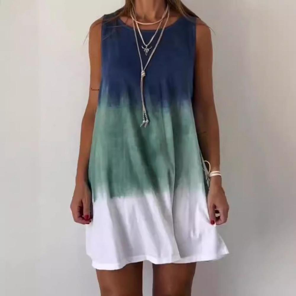 2026 Summer Round Neck Dress for Women  Tie Dye Sleeveless Dresses Fashion Loose Simple Vacation Ladies Casual Wear Robe Femme S