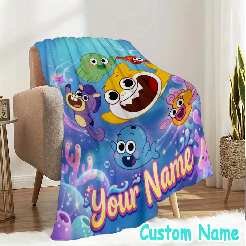 Custom Name Cartoon Shark Throw Blanket - Perfect for Couch, Bed, Office, and outdoor Travel - Ideal Gift for Christmas & Holidays