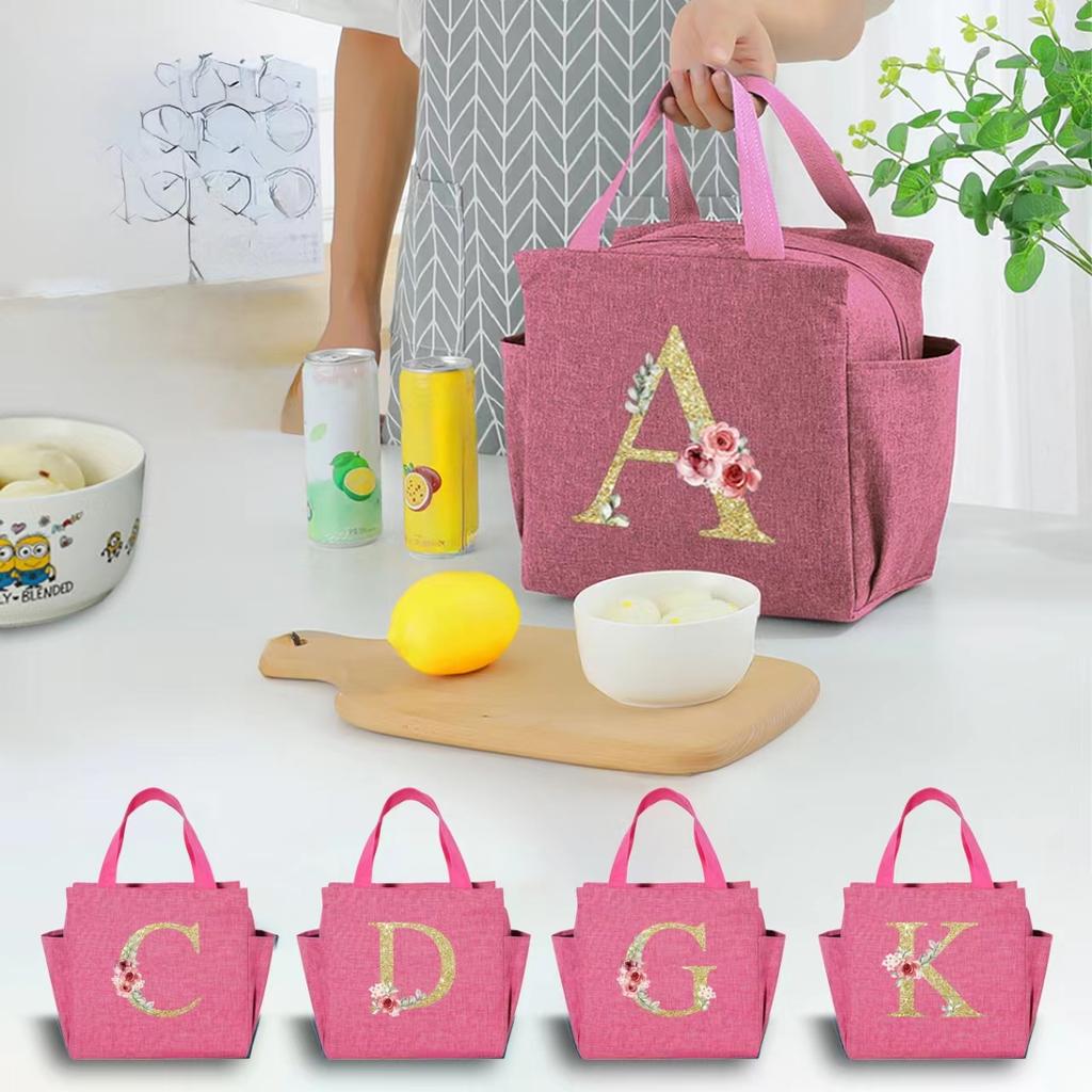A~N Letter Printed Nylon Lunch Bag With Zipper Water-Proof Insulation Bag Ice Bag Suitable For Men and Women's Work Picnic Travel Practical Use
