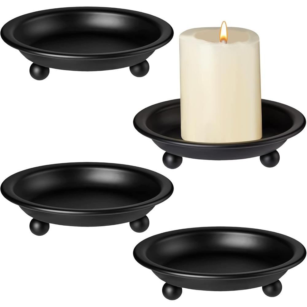 4 Pieces Matte Black Iron Candle Plate Decorative Wedding Saucer Style Candle Holder Tray Metal Pedestal Candle Stand for Spa Table Centerpiece