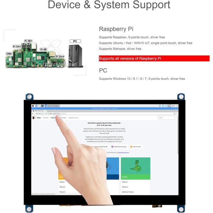 Écran tactile 5 pouces - WAVESHARE - LCD - 800x480 - HDMI - Tactile capacitif
