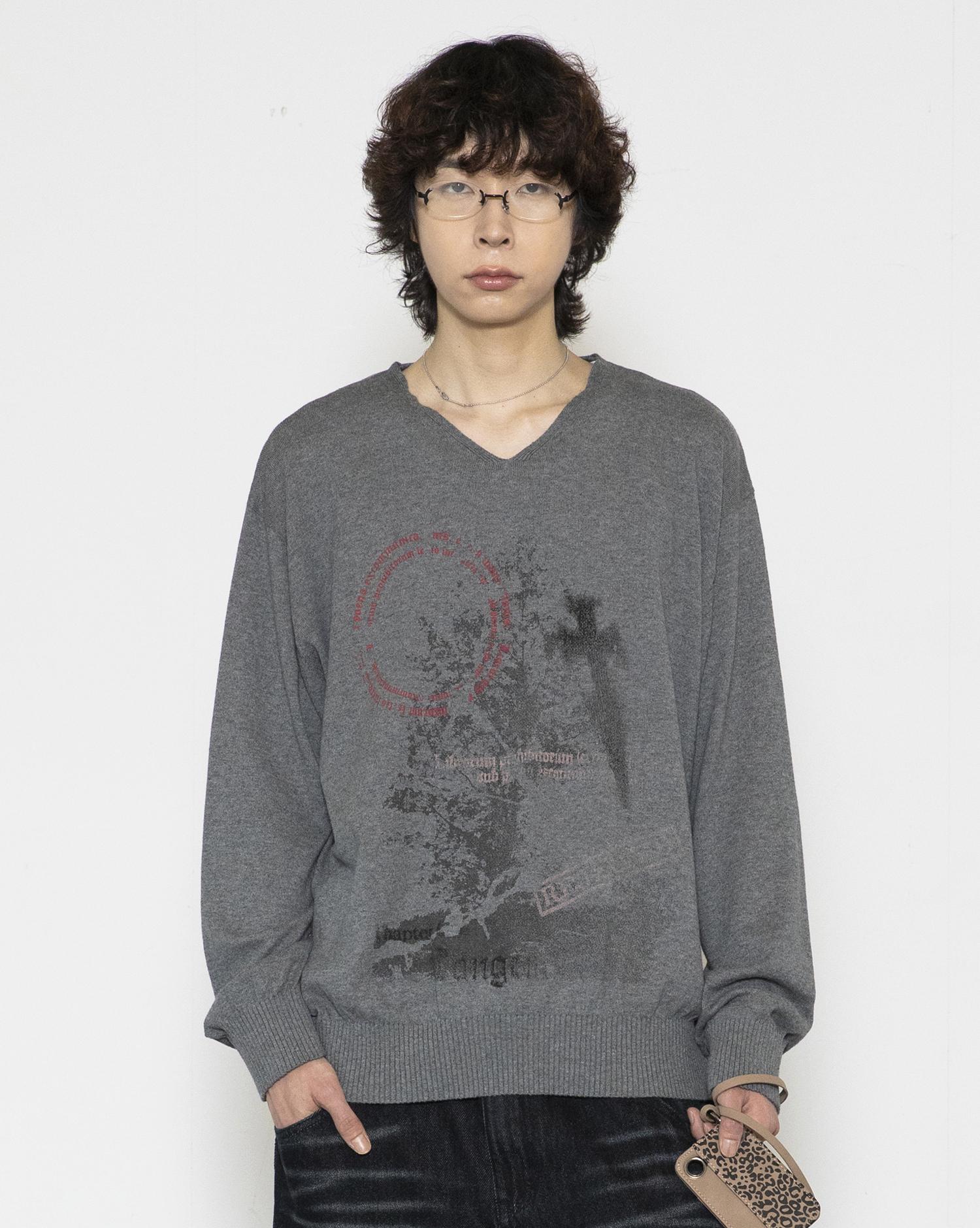Gluck Gnt078 Philosophy Graphic Soft V-Neck Knit (Melange Gray) Melange Gray/M