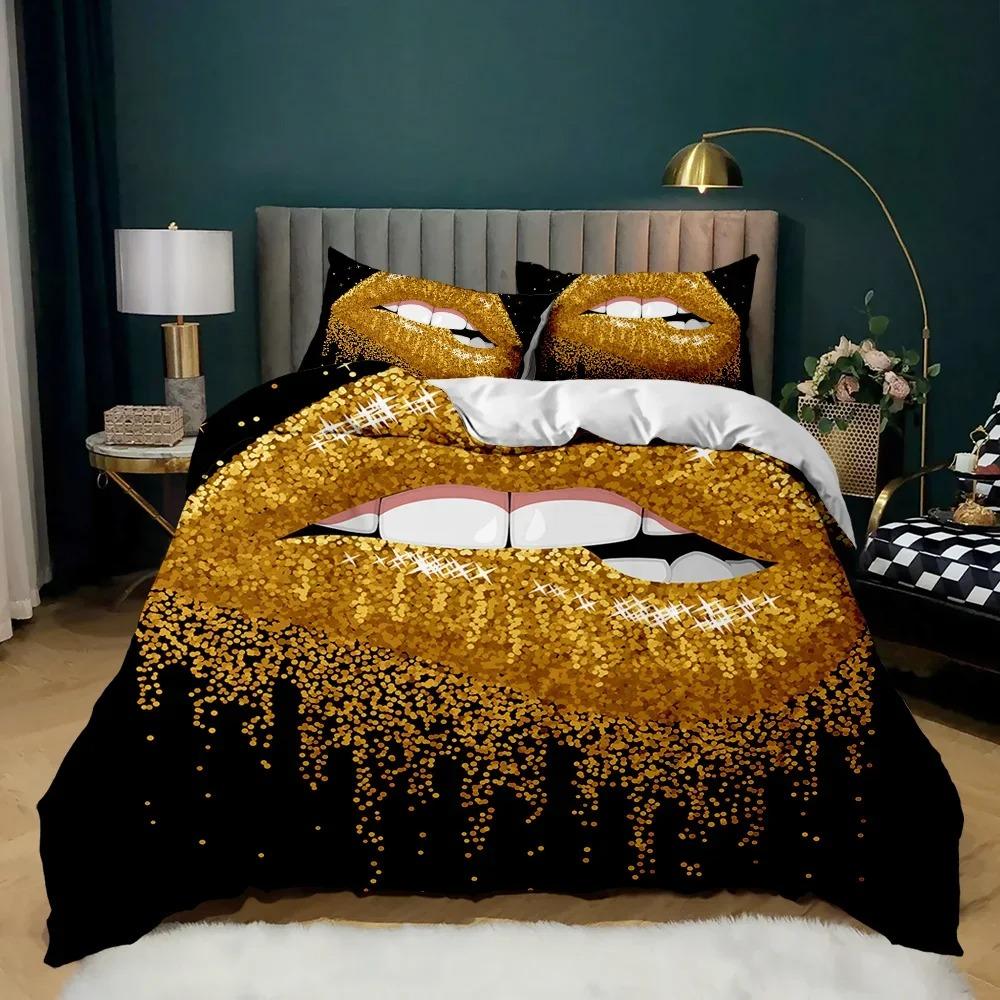 Lippen Bettbezug Set Goldene Lippen Bettwäsche Set Sexy Erwachsene Paar Twin Polyester Bettdeckenbezug 3D Kussspuren Doppel Queen King Größe