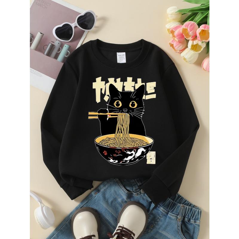 European sizes Girls' Long-Sleeve Round Neck Sweatshirt "Black Cat Eating Noodles" Print, Spring/Autumn, Casual, Daily & Sports.