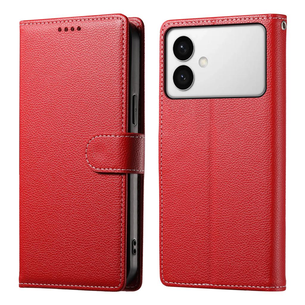 For Samsung Galaxy S26 Edge Case Magnetic Snap Litchi Texture Leather Wallet Phone Cover with Wrist Strap