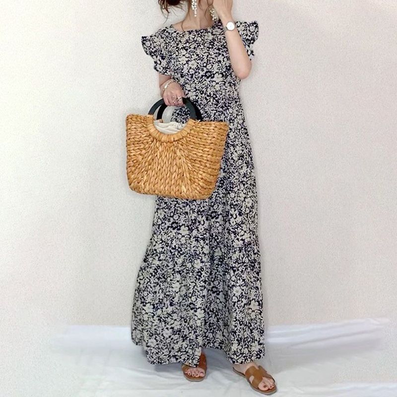 

Japanese-Style Floral Ruffle Sleeve Loose Dress Floral All yards