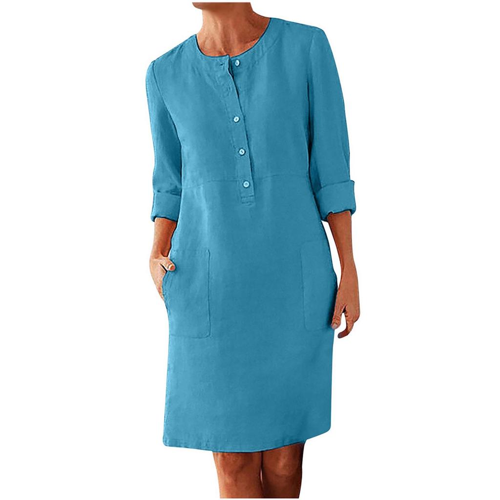 (Qunide) Women's Casual Round Neck Long Sleeve Solid Color Pullover Loose Dress