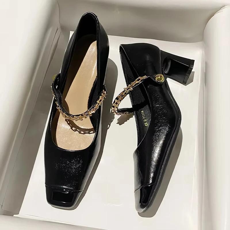 Fashion Square Toe High Heels Women Mary Jane Shoes Fashion Shallow Chain Shoes Spring Autumn Ladies Elegant Dancing Party Prom Shoes