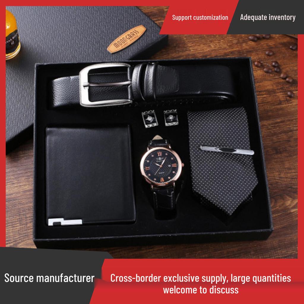 Luxusní dárková sada: Pásek, Peněženka, Kravata, Křemíkové hodinky s velkým ciferníkem (Náhodné manžetové knoflíčky a kravata)