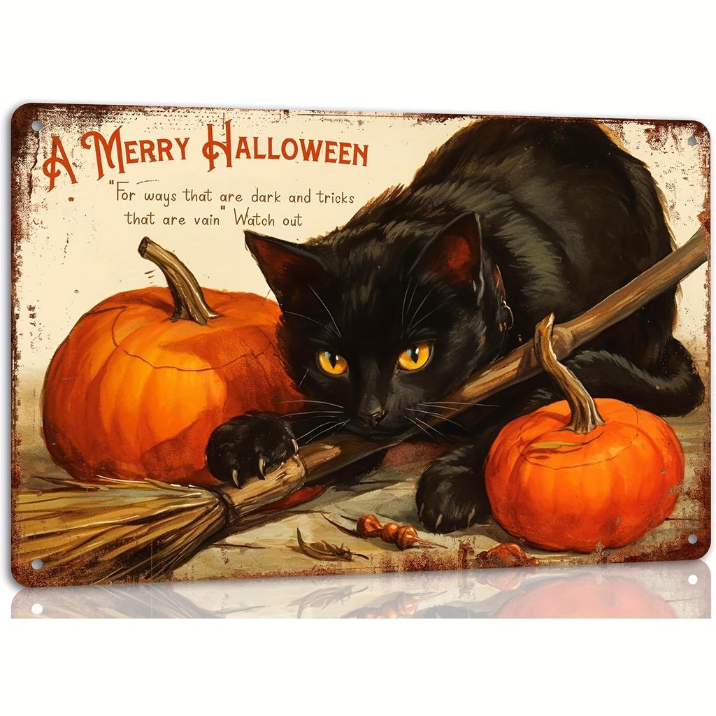 DORA Tin Sign HiQ Vintage Halloween Metal Wall Art Plaque Ancient Black Cat Pumpkin Design with Merry Halloween Text Rustic Iron Dec
