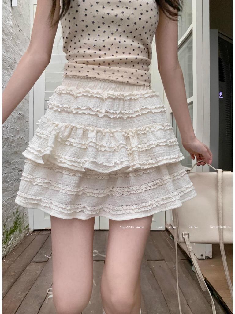 Women's White Lace Puffy Mini Skirt - High-Waisted A-Line Ballet Style, Summer 2026 Collection.
