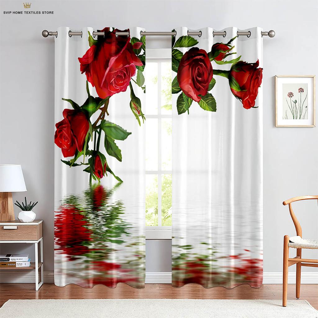 3D Printing Polyester Decorative Curtain, Floral Butterfly On Water, Machine Washable, Bedroom, Living Room, Kitchen, 2Pcs