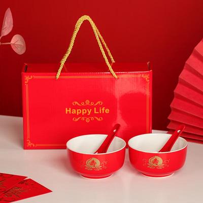 Chinese Red Ceramic Longevity Bowl Gift Set