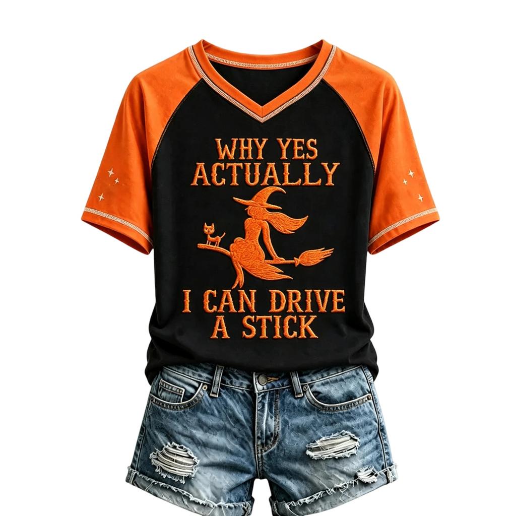 Women's V-Neck Short Sleeve T-Shirt with Halloween Print and Raglan Sleeve, Casual Fit