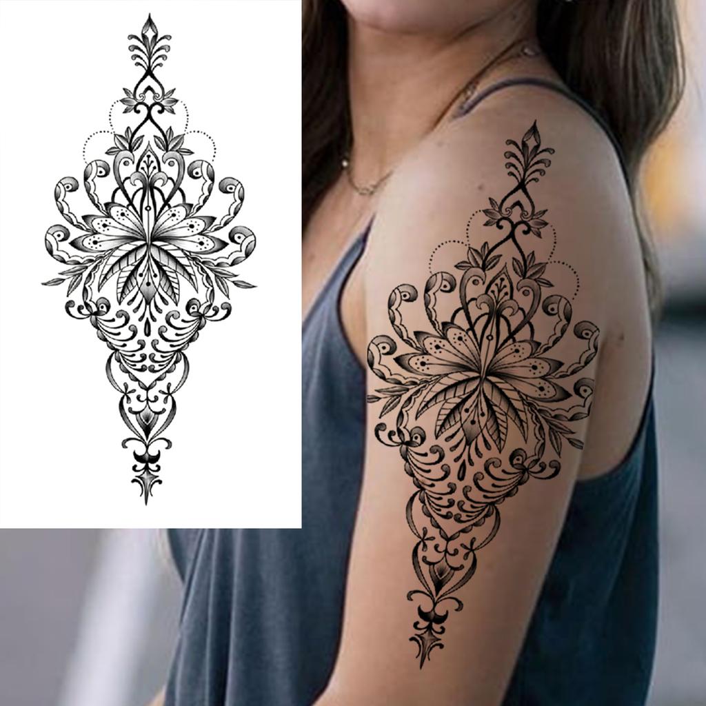 1 Sheet Black Henna Mandala Fake Jewels Temporary Sleeve Tattoos For Women Girls Forearm Waist Chest Back Tattoo Sticker Decal