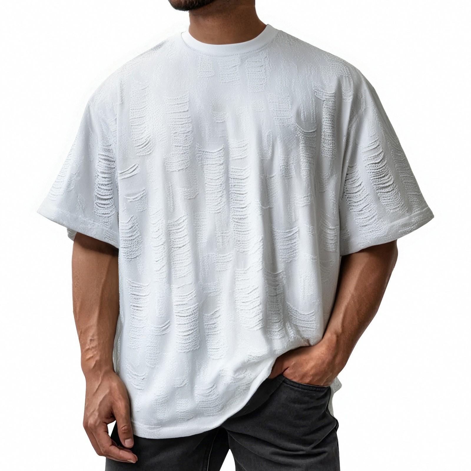 

Мужская летняя мода Хлопковый топ с рваным дизайном Круглый вырез Повседневная свободная футболка с коротким рукавом XL белый