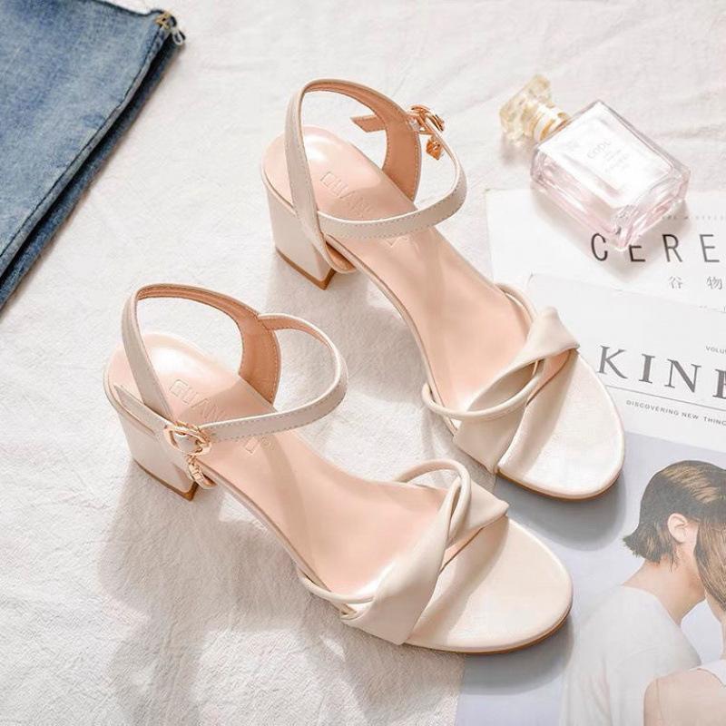 Women's sandals leather 2025 new thin heel French open-toed low-heeled fashion trendy summer comfortable simple women's shoes